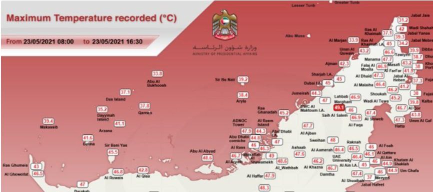 昨日阿联酋Al Dhafra地区最高气温记录为49.8°C