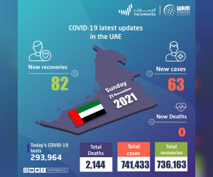 阿联酋宣布在过去24小时内新增63例COVID-19病例，82例康复，无死亡病例