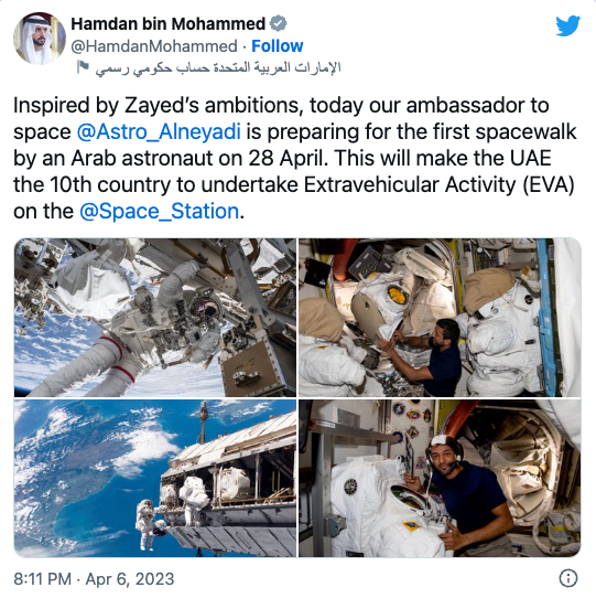 阿联酋宇航员内亚迪将在4月28日进行太空行走，成为阿拉伯世界第一人
